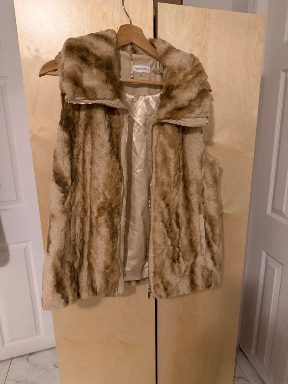 Calvin Klein Faux Fur Zip Vest Beige Tan Size S